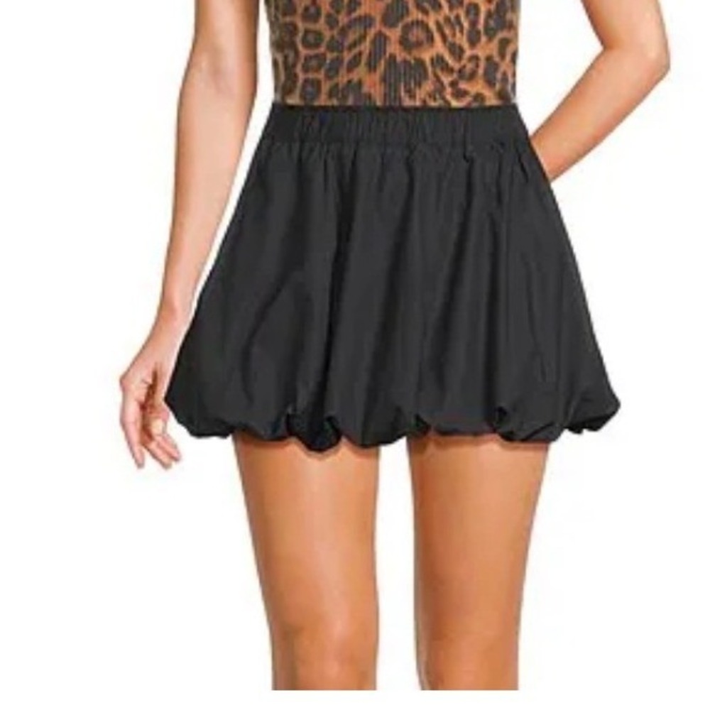 Things Between Bubble Mini Skirt Elastic Waist Tencel Cotton Women Medium Black